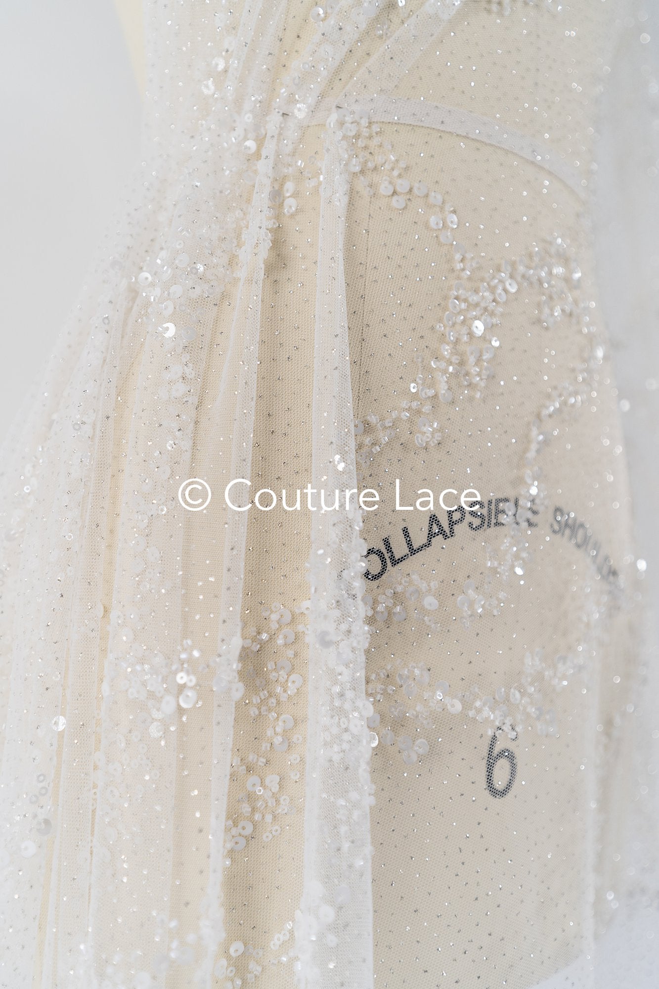 Beaded bridal lace on glitter tulle / Bridal fabric with embroidery / Beaded lace on glitter tulle // L25-838