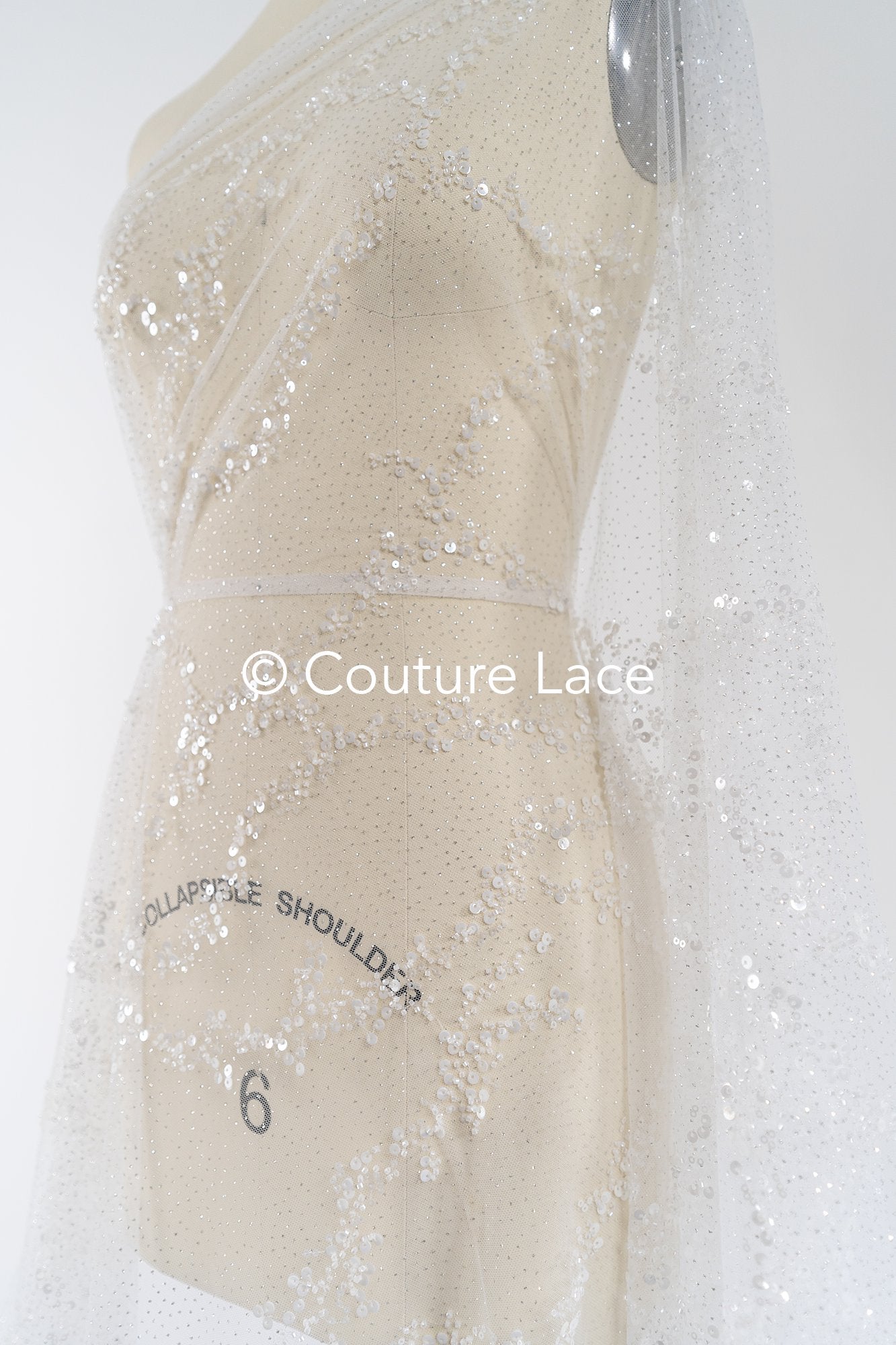 Beaded bridal lace on glitter tulle / Bridal fabric with embroidery / Beaded lace on glitter tulle // L25-838