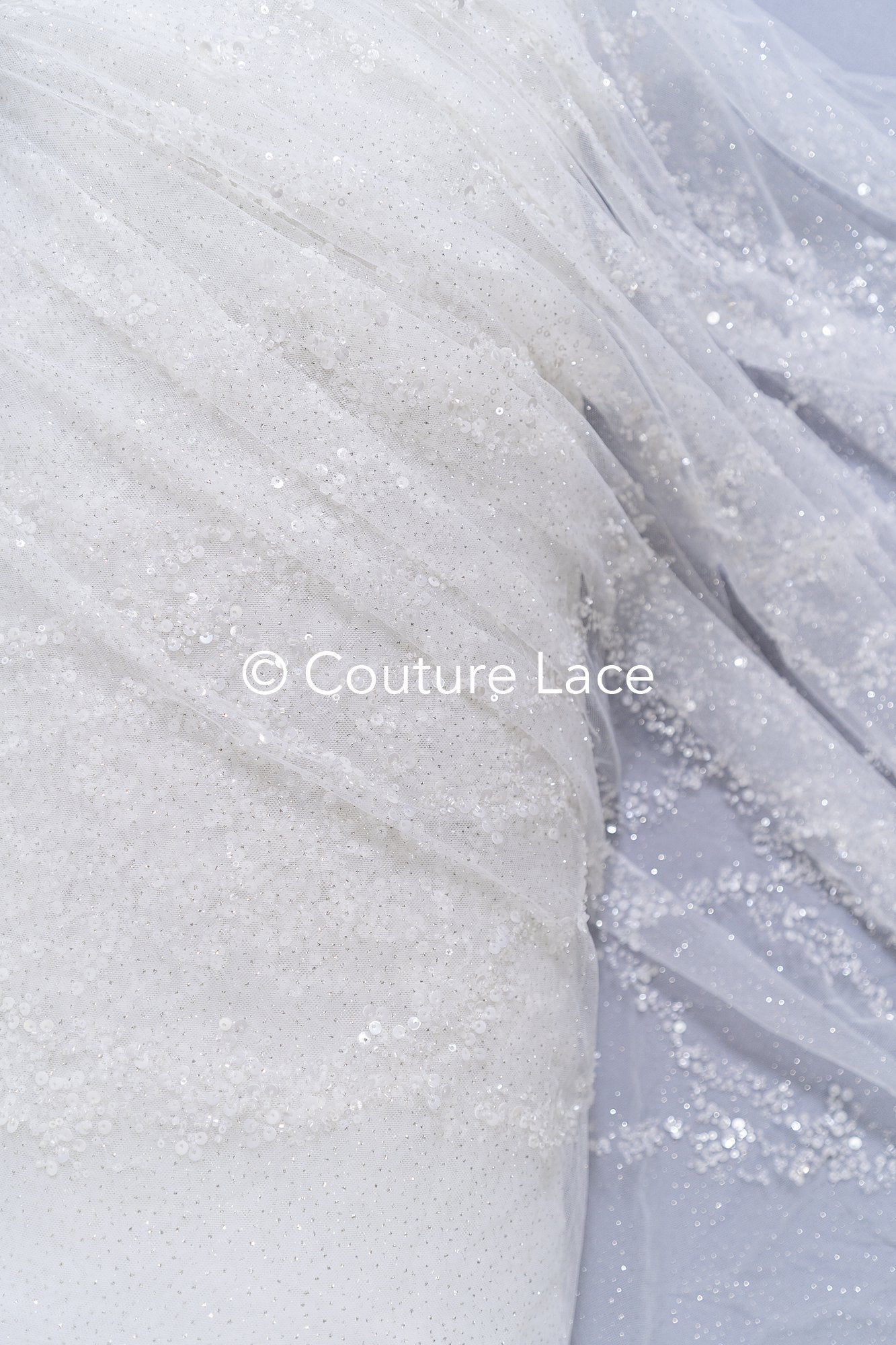 Beaded bridal lace on glitter tulle / Bridal fabric with embroidery / Beaded lace on glitter tulle // L25-838