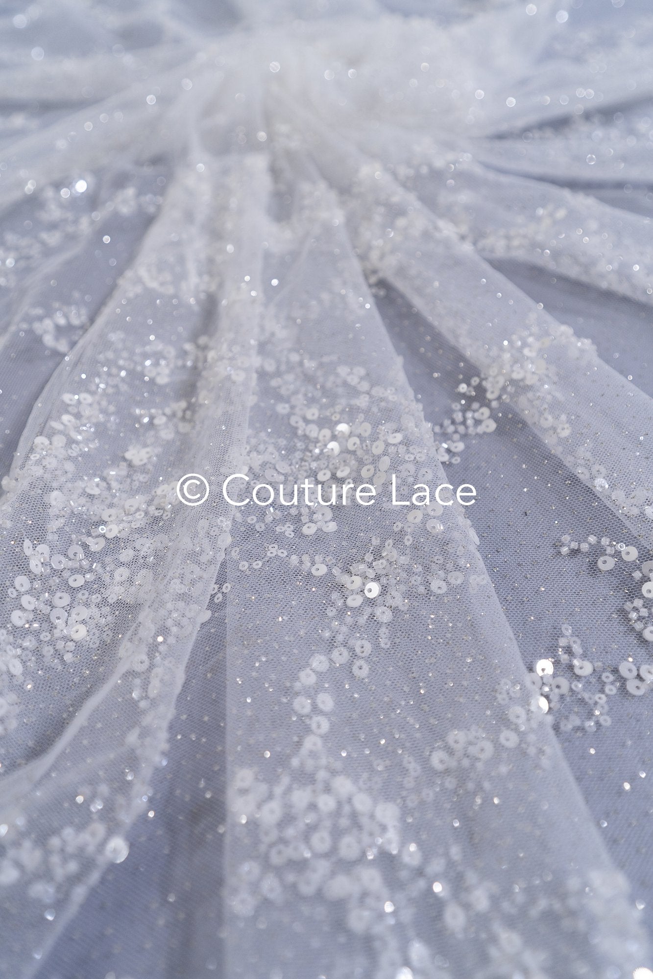 Beaded bridal lace on glitter tulle / Bridal fabric with embroidery / Beaded lace on glitter tulle // L25-838