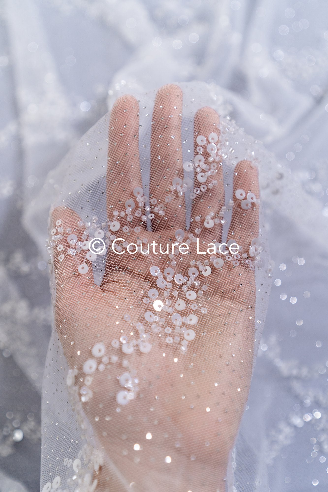 Beaded bridal lace on glitter tulle / Bridal fabric with embroidery / Beaded lace on glitter tulle // L25-838