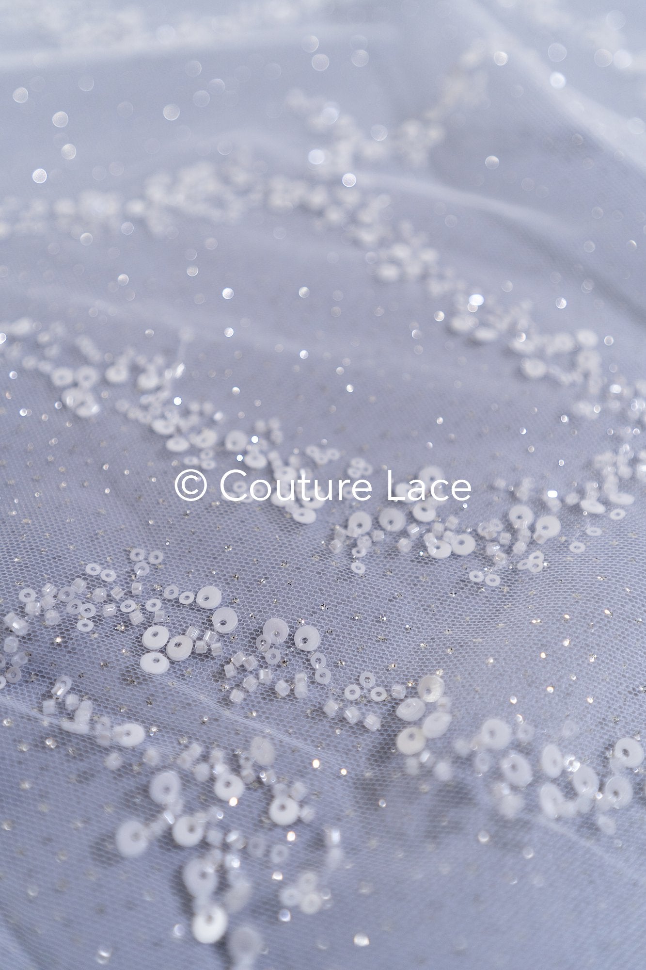 Beaded bridal lace on glitter tulle / Bridal fabric with embroidery / Beaded lace on glitter tulle // L25-838