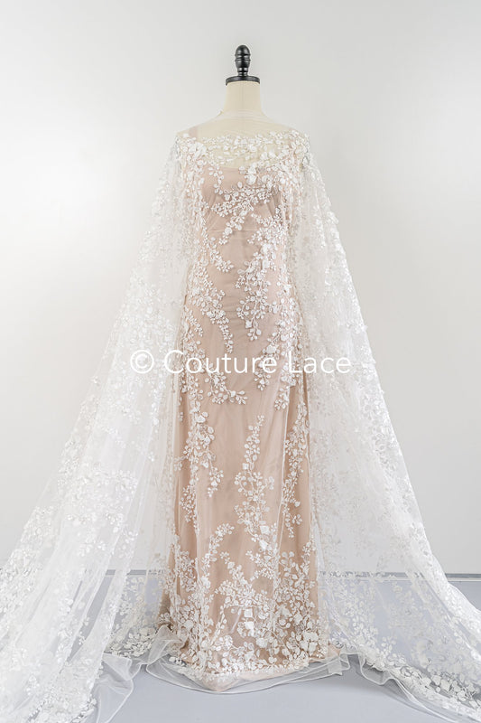 3D Blumen Spitzenstoff Off-White/ Braut Spitzenstoff/ romantischer Spitzenstoff mit 3D Blumen/ Hochzeit Spitzenstoff// L25-664B