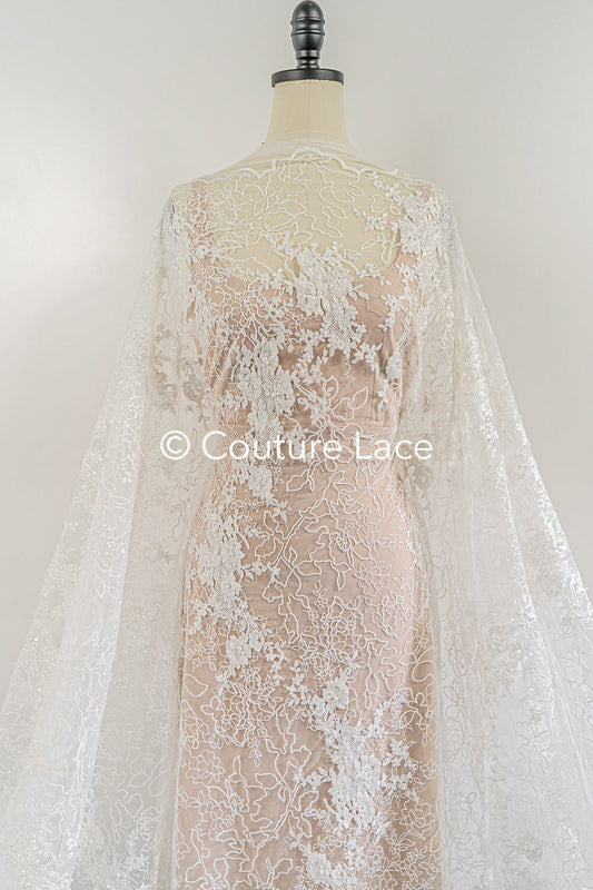 Exquisite Florale Spitze für Brautkleider/ Luxus Brautspitze mit Perlenstickerei // L25-870