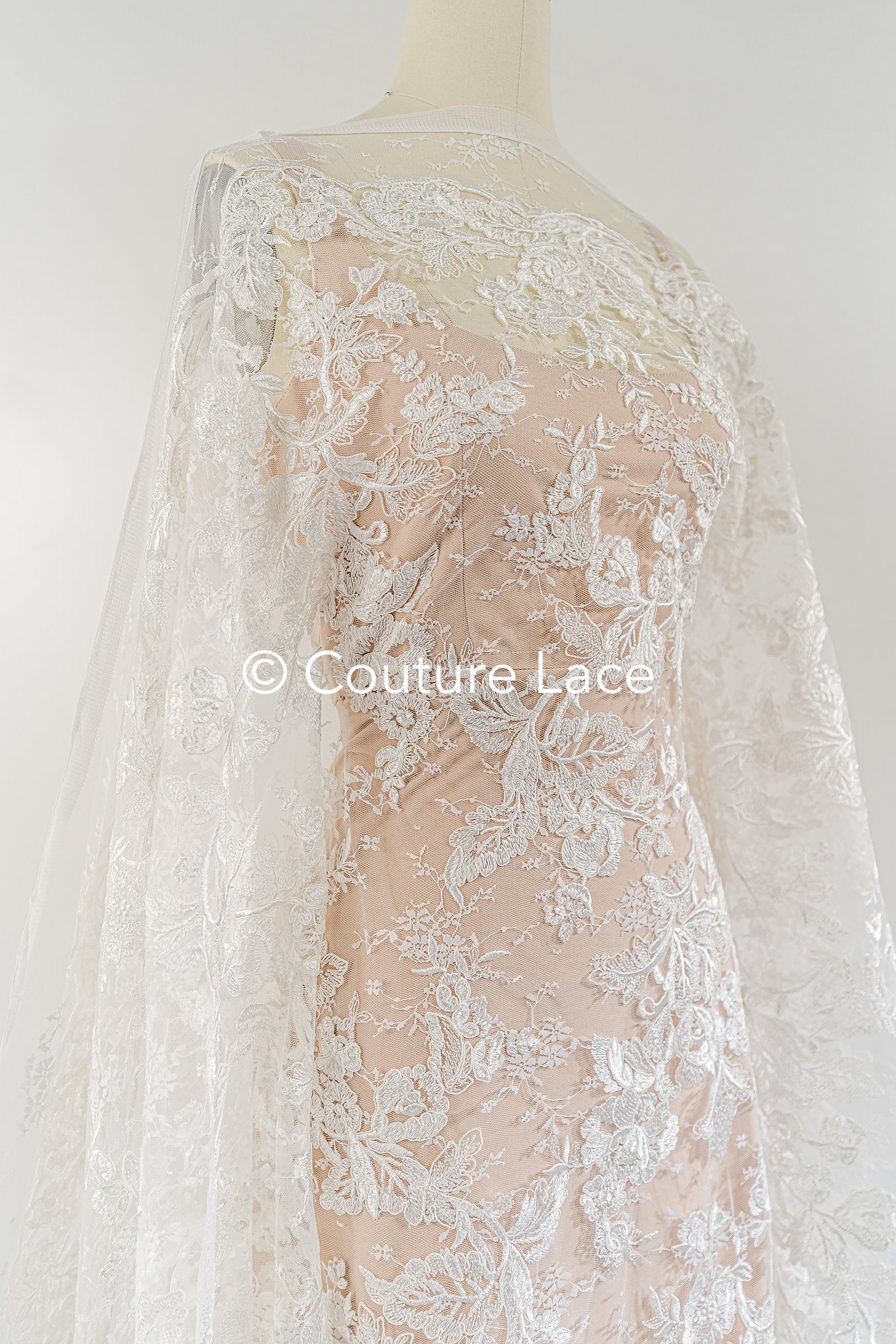 Luxurious floral bridal lace embroidered on fine French lace/ High-quality bridal lace // L25-846