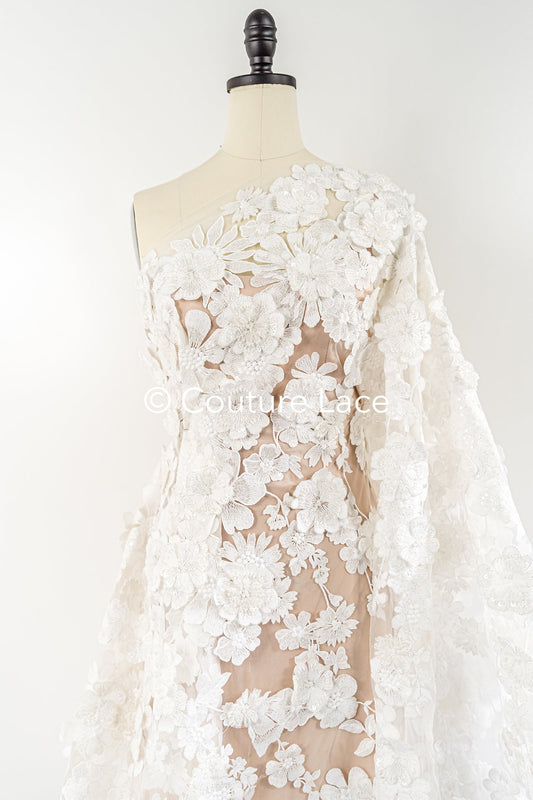 3D Blüten Spitze für Brautkleider/ Luxus Brautspitze mit 3D Blumen/ Brautspitze // L25-862