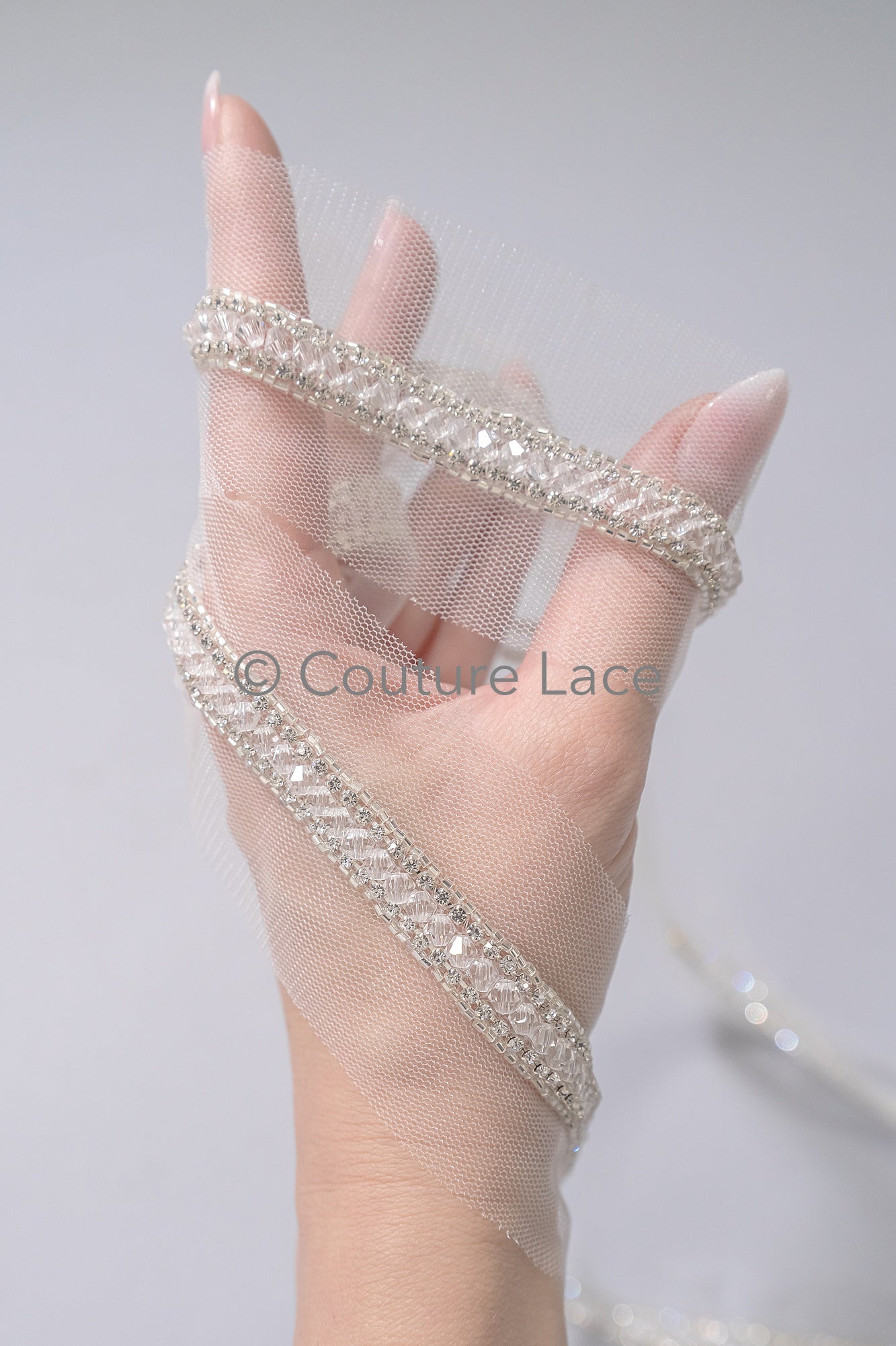 Brautspitze Borte mit Perlen & Kristallen Silber/ Spitzenborte mit Perlen/ Brautgürtel Borte/ Spitzenborte für Brautkleid// T24-094