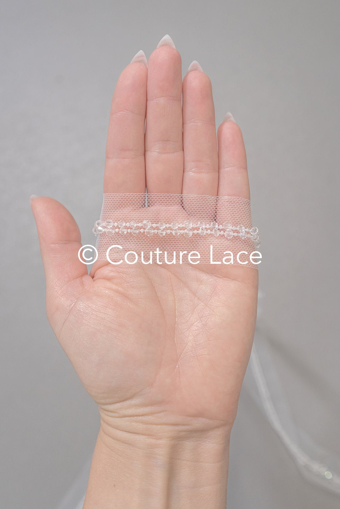 Brautspitze Borte mit Perlen/ Spitzenborte off-white transparent/ Braut Borte/ Spitzenborte für Brautkleid// T24-230