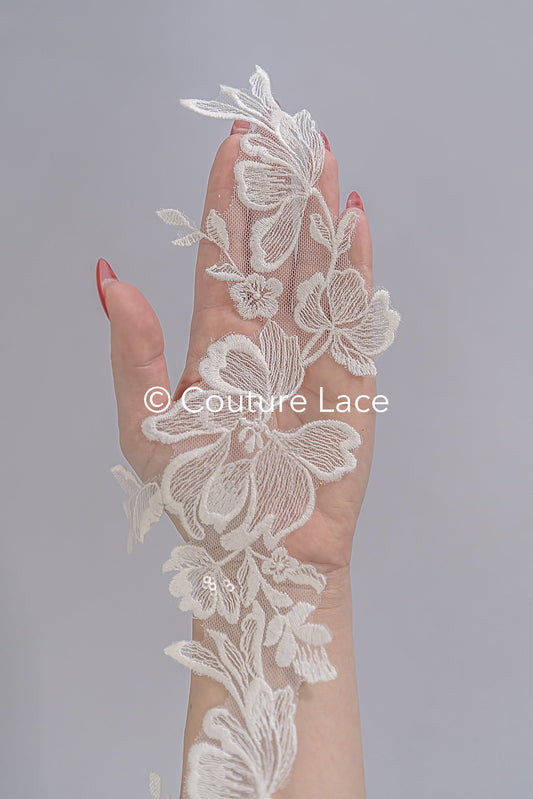 Florale Brautspitze Borte/ Blumige Spitzen-Kante für Brautkleider // T25-233