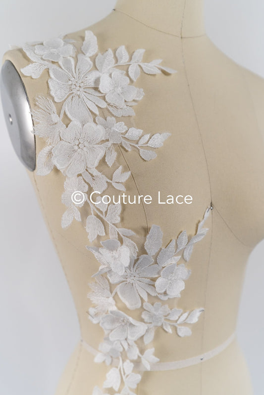 Florale 3D-Blumen Brautspitze Borte/ Blumige Spitzen-Kante für Brautkleider // T25-234