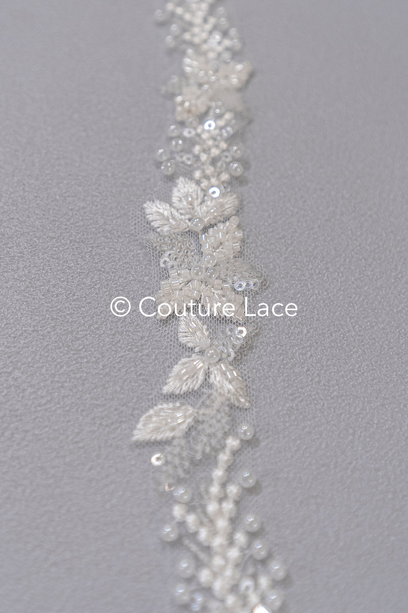 Heavily embroidered bridal lace trim with floral pattern/ Floral lace edge with pearls // T25-238