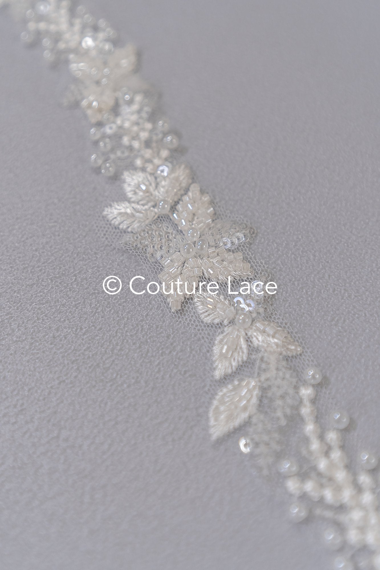 Heavily embroidered bridal lace trim with floral pattern/ Floral lace edge with pearls // T25-238