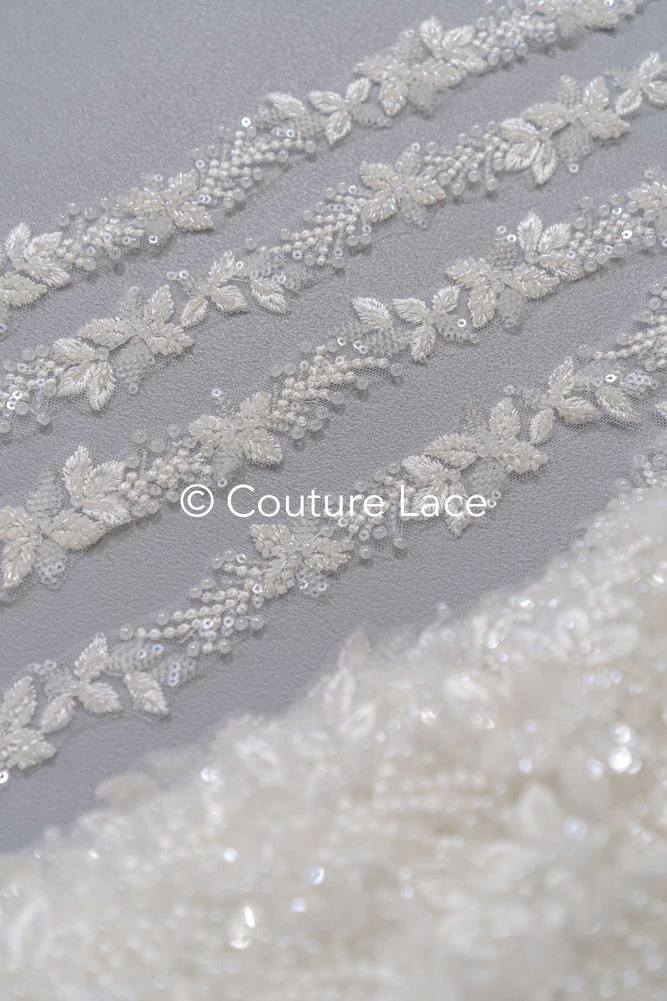Heavily embroidered bridal lace trim with floral pattern/ Floral lace edge with pearls // T25-238