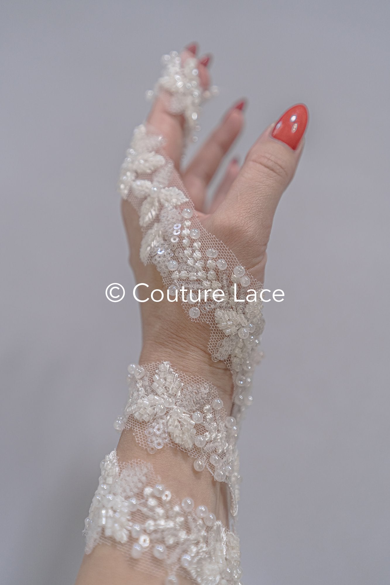 Heavily embroidered bridal lace trim with floral pattern/ Floral lace edge with pearls // T25-238