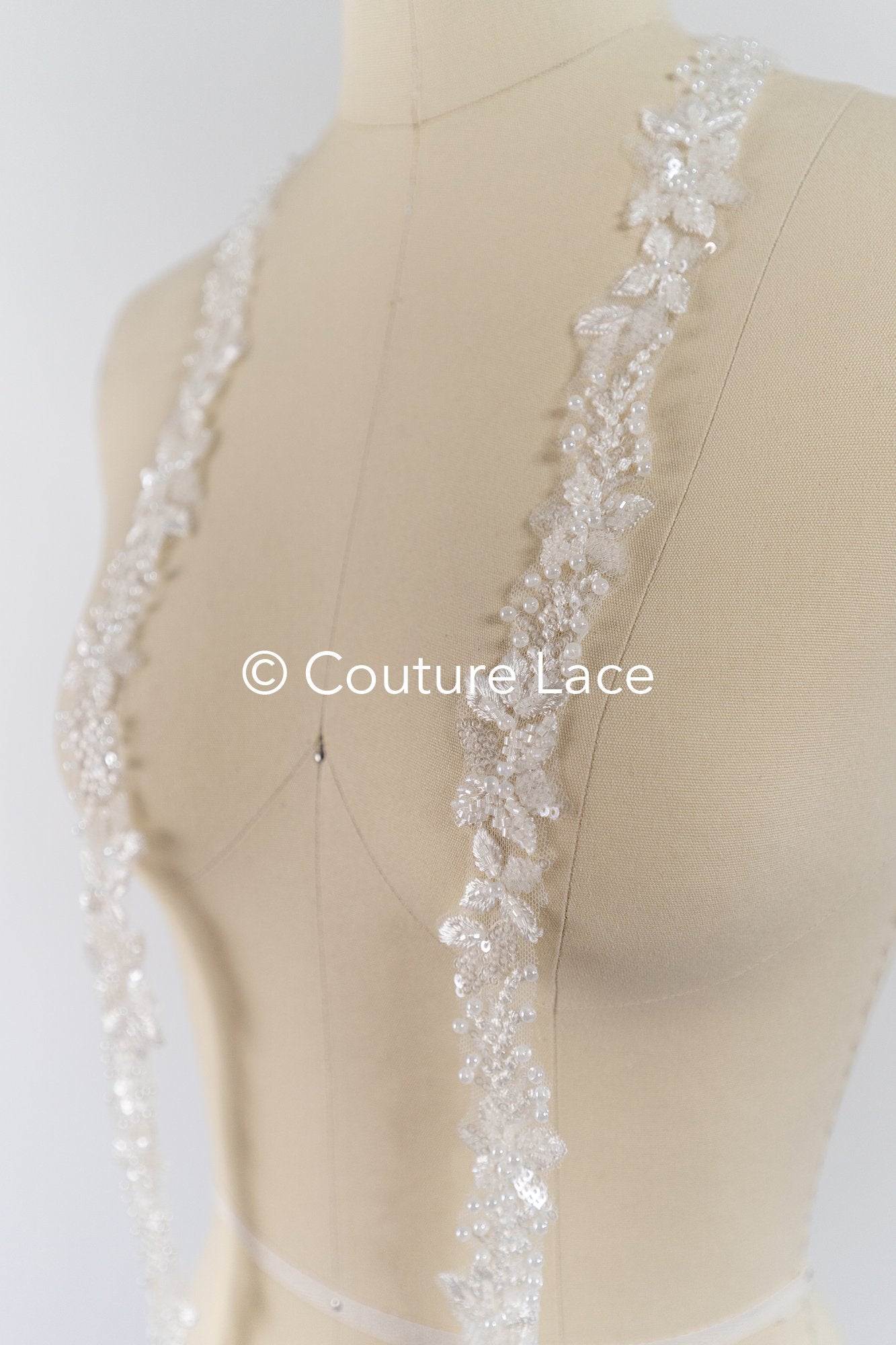 Heavily embroidered bridal lace trim with floral pattern/ Floral lace edge with pearls // T25-238