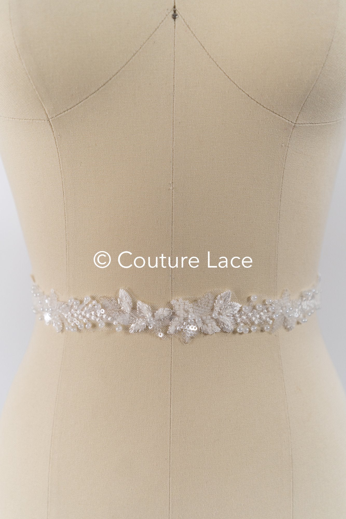 Heavily embroidered bridal lace trim with floral pattern/ Floral lace edge with pearls // T25-238