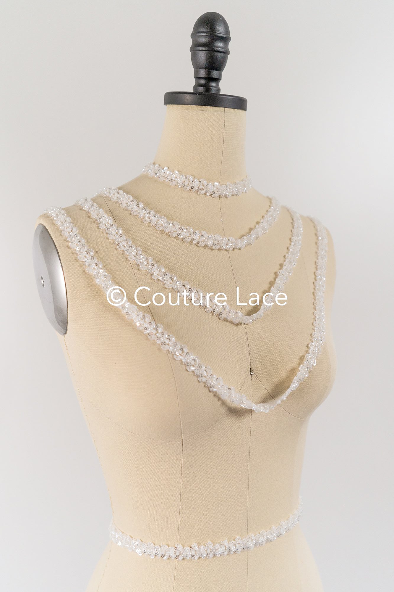 Heavy embroidered bridal lace trim / beaded lace edge for straps or bridal belt // T25-241