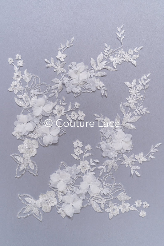 Brautspitzenapplikationen mit 3D Blumen/ Brautkleid Spitzenverzierungen mit Perlen// A24-465