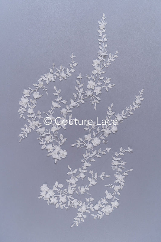 Brautspitzenapplikationen mit 3D Blumen/ Brautkleid Spitzenverzierungen mit Perlen// A24-468