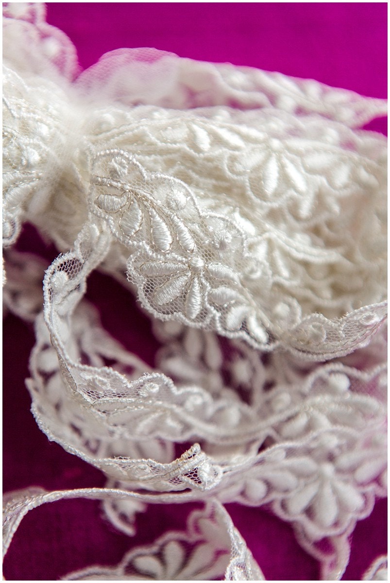Bridal lace trim with silver thread/ Silver cream lace trim/ Bridal lace trim// T17-029