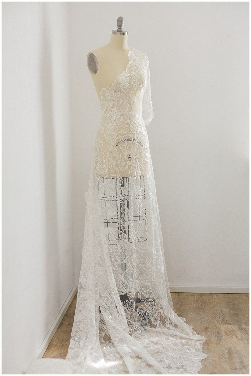 Feine Paillettenspitze Off-White/ weicher Pailletten Tüll Stoff/ Spitze Pailletten Netz Stoff// L17-022