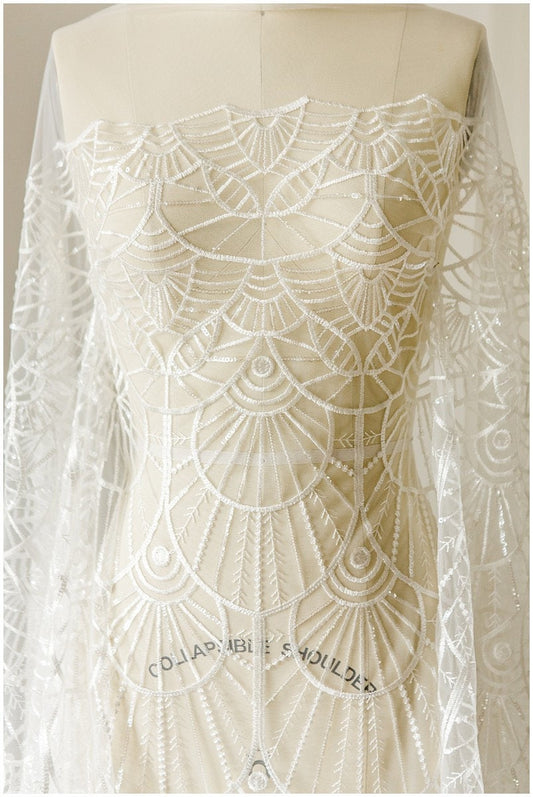 Encaje suave geométrico con lentejuelas / encaje nupcial en blanco roto / puntilla para novias / tela de encaje con lentejuelas / encaje floral / puntilla para novia // L17-048