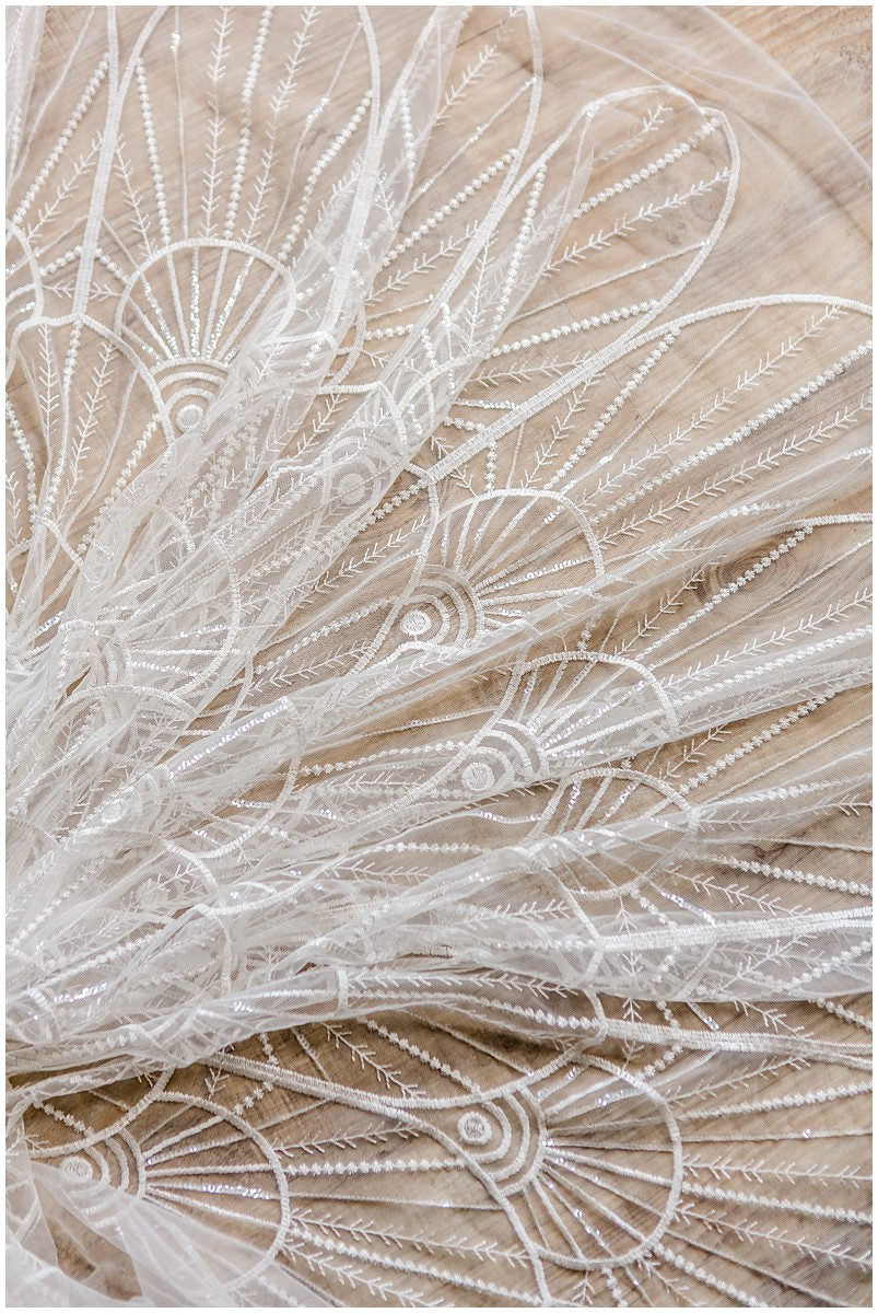 Soft geometric sequin lace/ wedding lace off-white/ bridal lace/ sequin lace fabric/ floral lace fabric/ bridal lace// L17-048