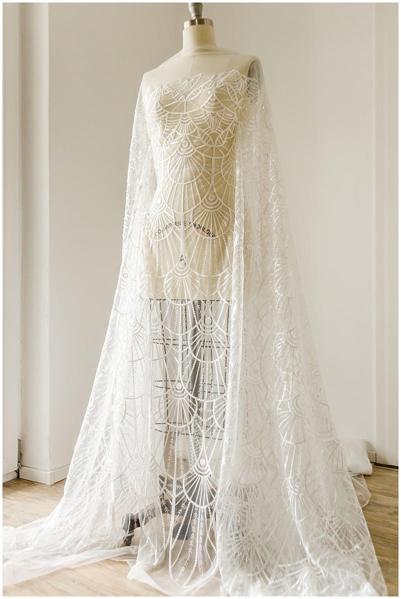 Soft geometric sequin lace/ wedding lace off-white/ bridal lace/ sequin lace fabric/ floral lace fabric/ bridal lace// L17-048