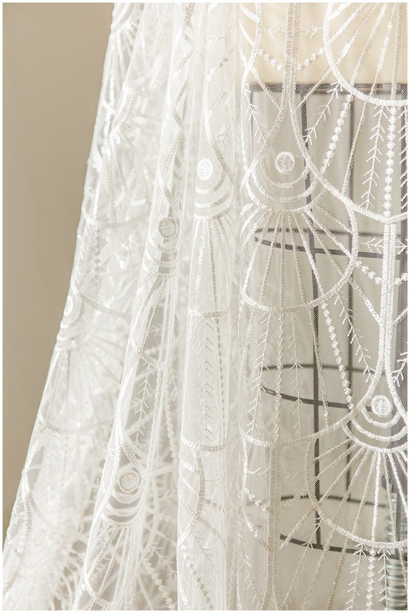 Soft geometric sequin lace/ wedding lace off-white/ bridal lace/ sequin lace fabric/ floral lace fabric/ bridal lace// L17-048