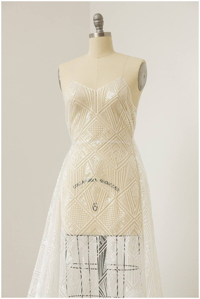 Geometric Sequins Lace/Wedding Dress Lace Off-White/Sequin Tulle Fabric/Fabric with Glitter Sequins// L17-062