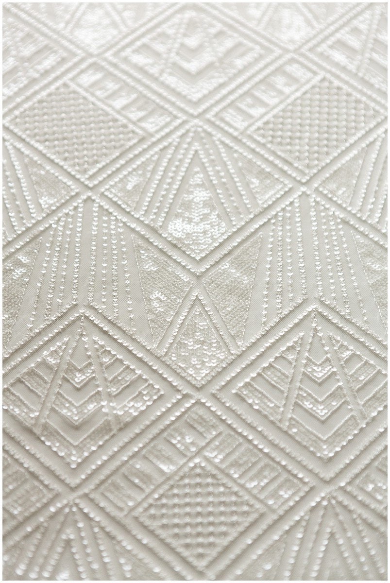 Geometric Sequins Lace/Wedding Dress Lace Off-White/Sequin Tulle Fabric/Fabric with Glitter Sequins// L17-062