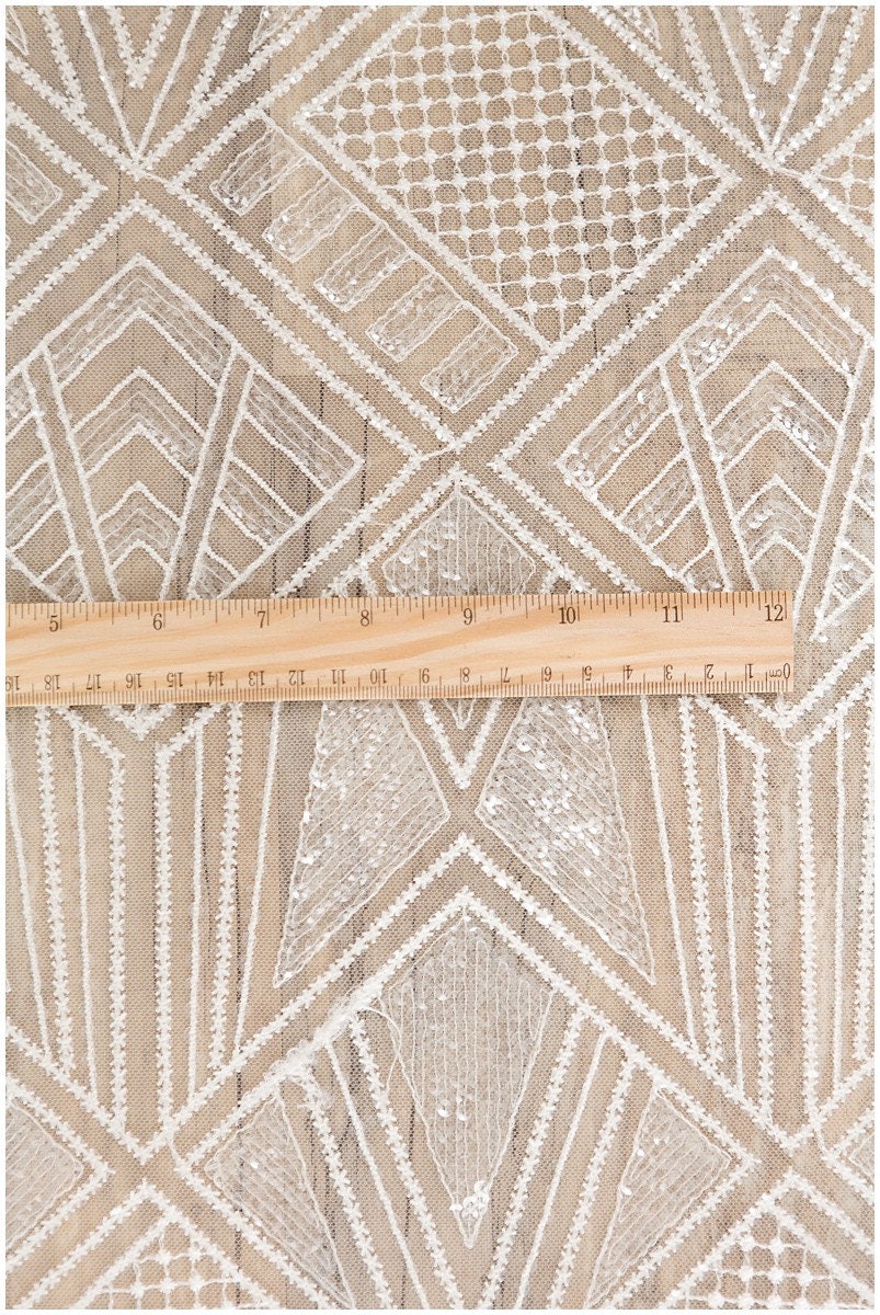 Geometric Sequins Lace/Wedding Dress Lace Off-White/Sequin Tulle Fabric/Fabric with Glitter Sequins// L17-062
