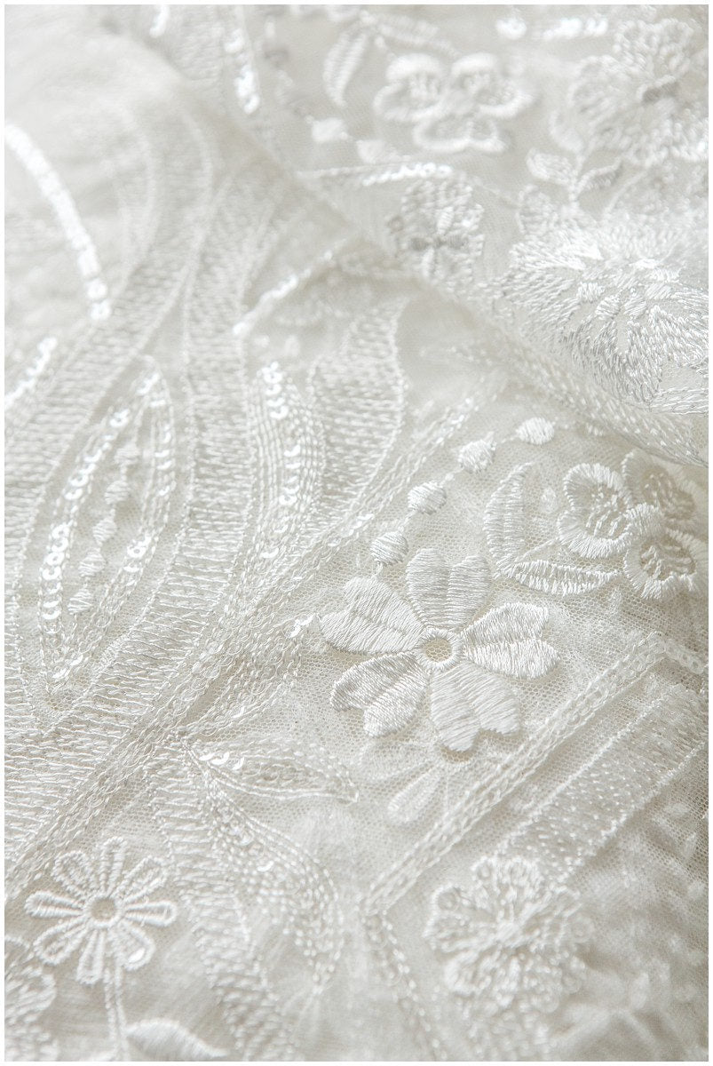 Geometric floral lace off-white/ sequin embroidered floral lace/ bridal dress lace/ soft embroidered lace fabric// L17-097