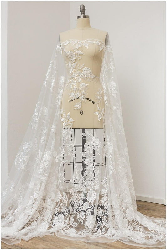 Encaje nupcial Off-White / Tela de encaje para boda / Diseño floral de encaje / Encaje floral para vestidos de novia // L17-081