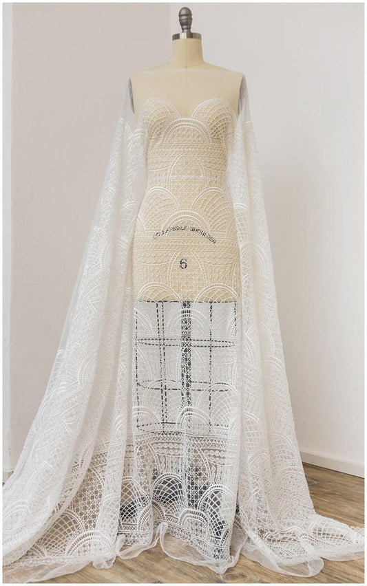 Schwerer Perlen Spitzenstoff für Brautkleider/ Französische Perlenspitze Off-White/ geometrischer Spitzenstoff/ Braut Perlenspitze// L17-079