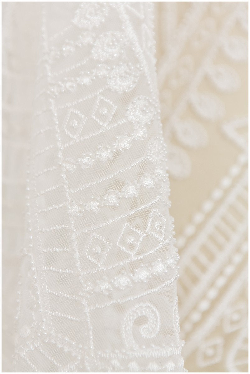 Geometric lace fabric, bridal lace fabric, wedding dress lace fabric, beaded boho lace, bridal lace dress, wave lace// L17-104