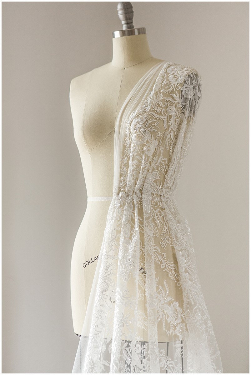 Schwerer Perlen Spitzenstoff, Braut Spitzenstoff, Hochzeitskleid Spitzenstoff, florale Spitze, Braut Spitzenkleid, Wellenspitze// L17-107