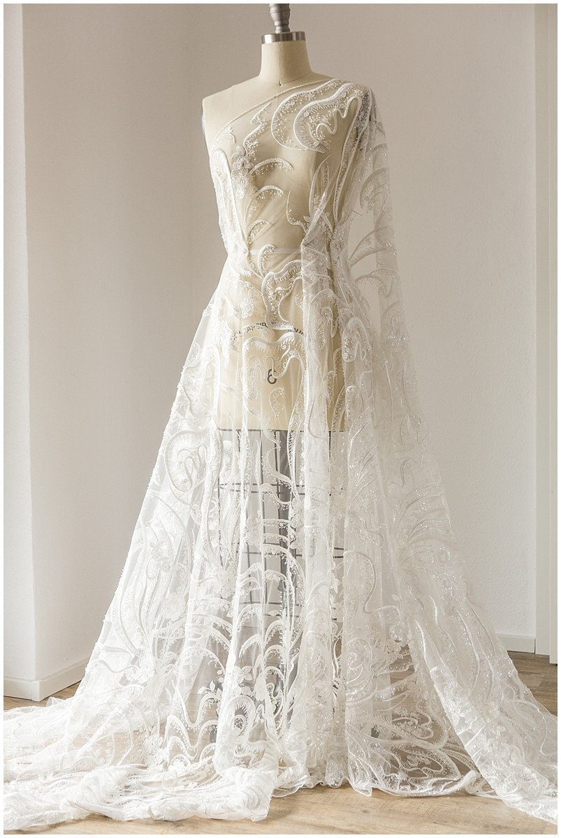 Schweres Perlen blumen Spitzenstoff, Braut Spitzenstoff, Hochzeitskleid Spitzenstoff, florale Spitze, Braut Spitzenkleid, Wellenspitze// L17-110