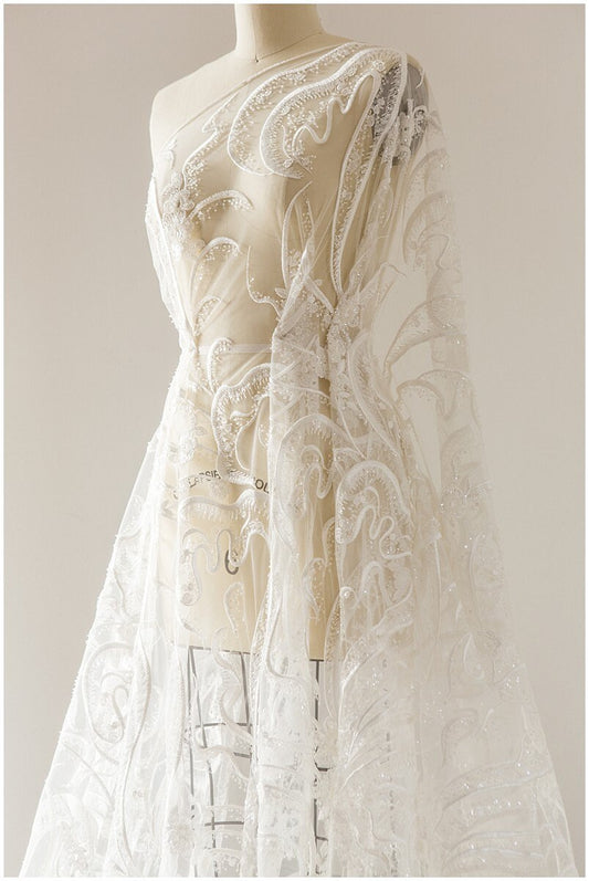 Schweres Perlen blumen Spitzenstoff, Braut Spitzenstoff, Hochzeitskleid Spitzenstoff, florale Spitze, Braut Spitzenkleid, Wellenspitze// L17-110