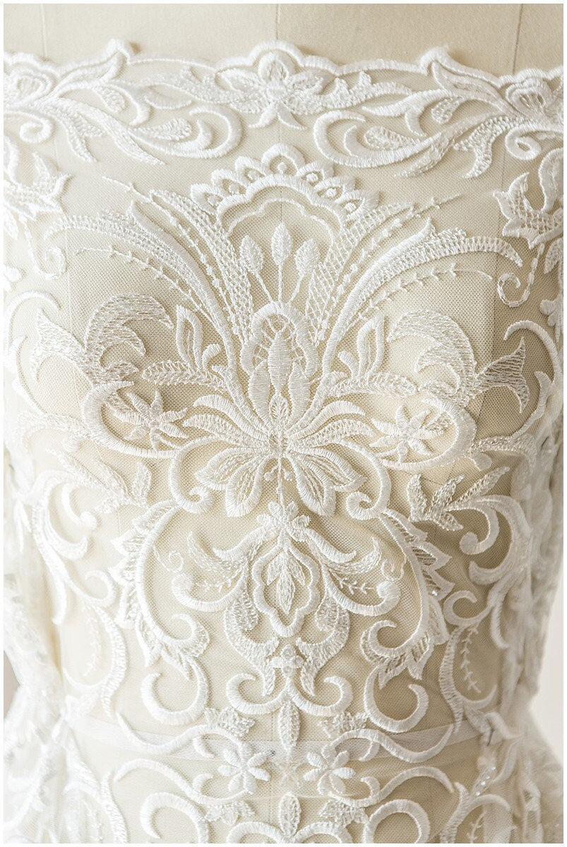 Very soft decorated lace fabric for wedding dresses, bridal lace fabric, wedding dress lace fabric, lace fabric, floral lace// L17-125