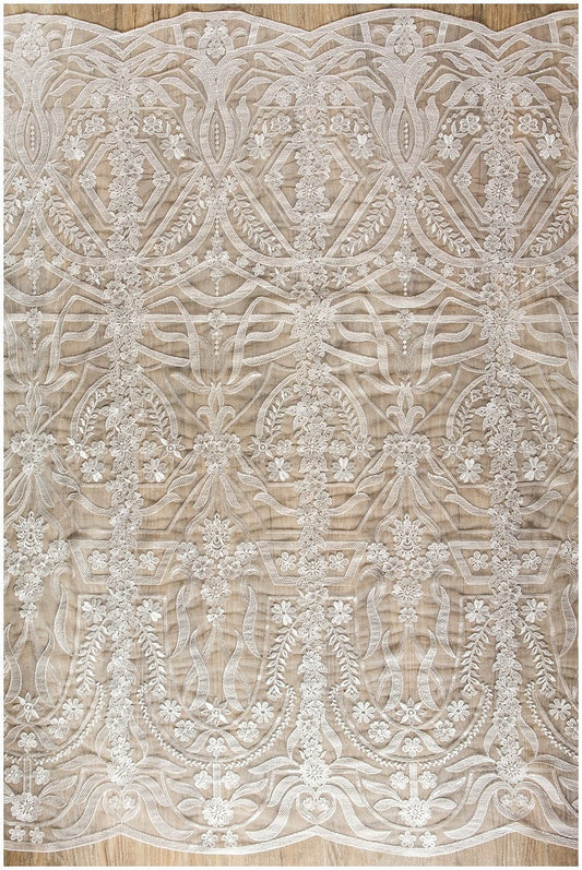 Dentelle florale géométrique Off-White/ dentelle florale brodée à paillettes/ dentelle de robe de mariée/ tissu de dentelle brodé doux// L17-097