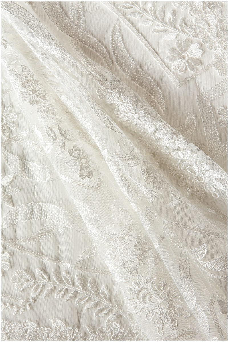 Geometric floral lace off-white/ sequin embroidered floral lace/ bridal dress lace/ soft embroidered lace fabric// L17-097