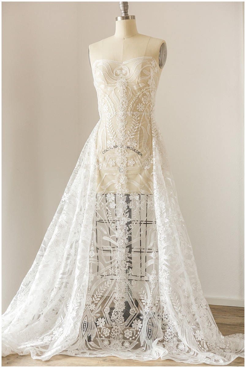 Geometric floral lace off-white/ sequin embroidered floral lace/ bridal dress lace/ soft embroidered lace fabric// L17-097