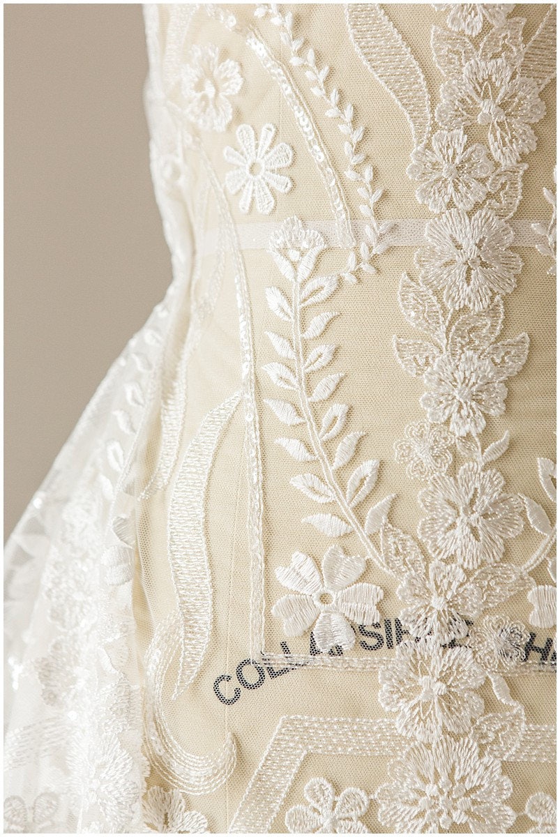 Geometric floral lace off-white/ sequin embroidered floral lace/ bridal dress lace/ soft embroidered lace fabric// L17-097