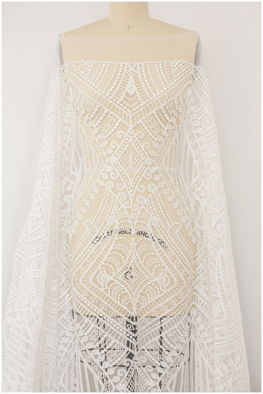 Geometrischer Spitzenstoff, Braut Spitzenstoff, Hochzeitskleid Spitzenstoff, Perlen boho Spitze, Braut Spitzenkleid, Wellenspitze// L17-104