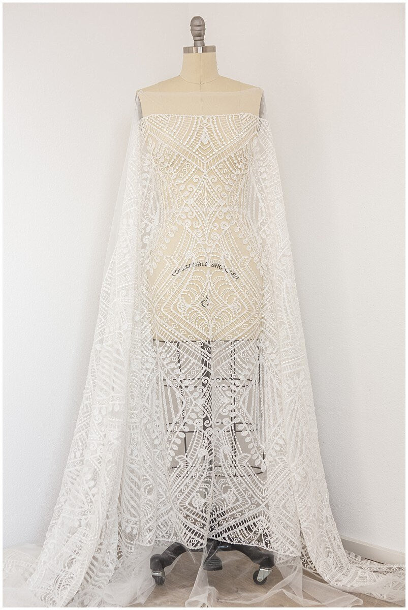 Geometric lace fabric, bridal lace fabric, wedding dress lace fabric, beaded boho lace, bridal lace dress, wave lace// L17-104