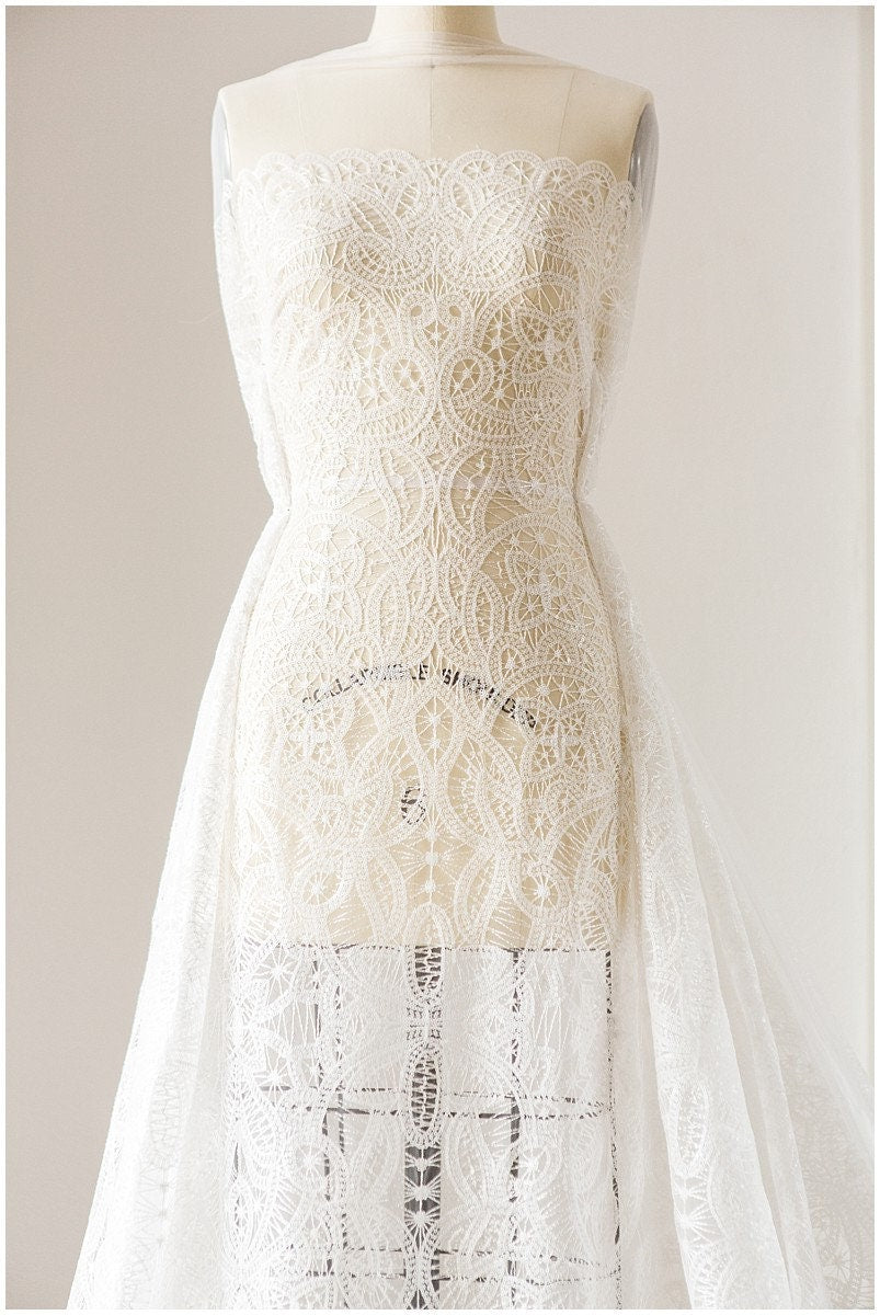 Moderner geometrischer Spitzenstoff Off-White/ Braut Spitzenstoff mit Pailletten/ Hochzeitskleid Spitzenstoff/ Pailletten Spitze/ Braut Spitze// L17-116M