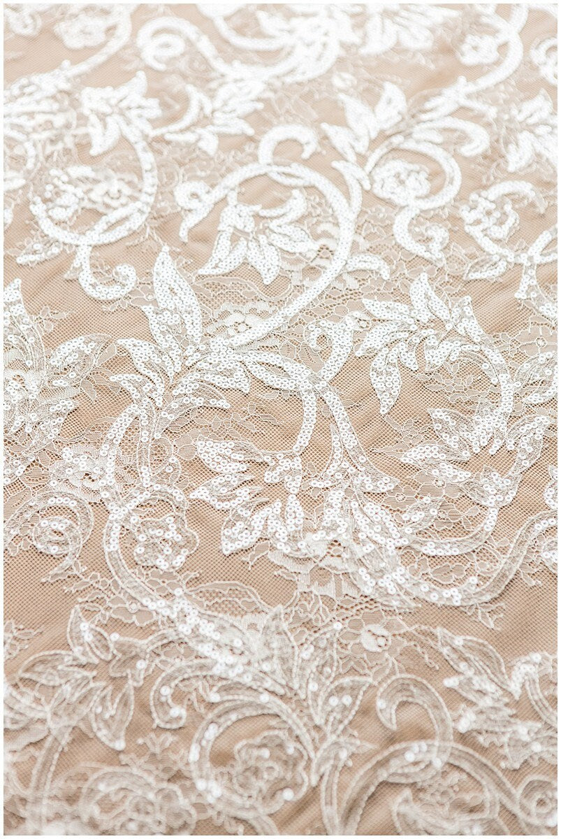 Glitter lace fabric with sequins/ Chantilly base bridal lace fabric/ Off-White lace/ French lace fabric// L17-115