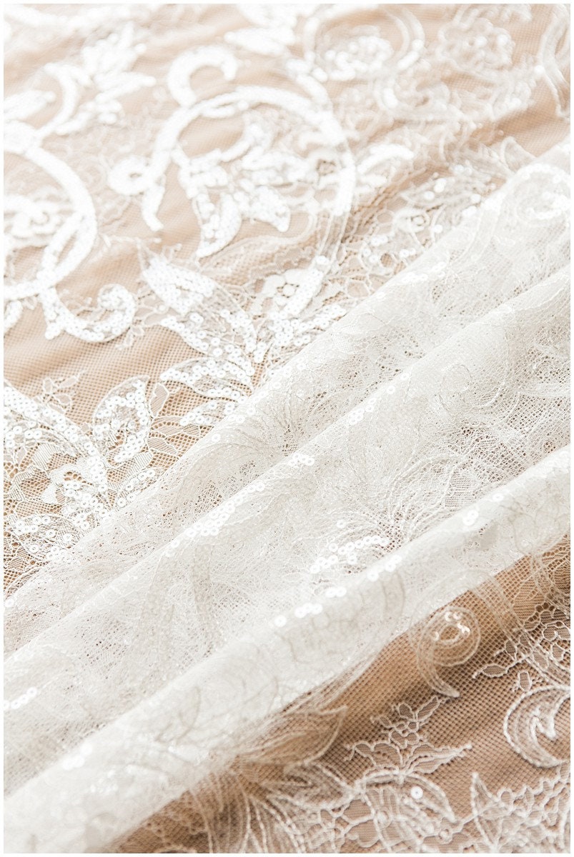 Glitter lace fabric with sequins/ Chantilly base bridal lace fabric/ Off-White lace/ French lace fabric// L17-115