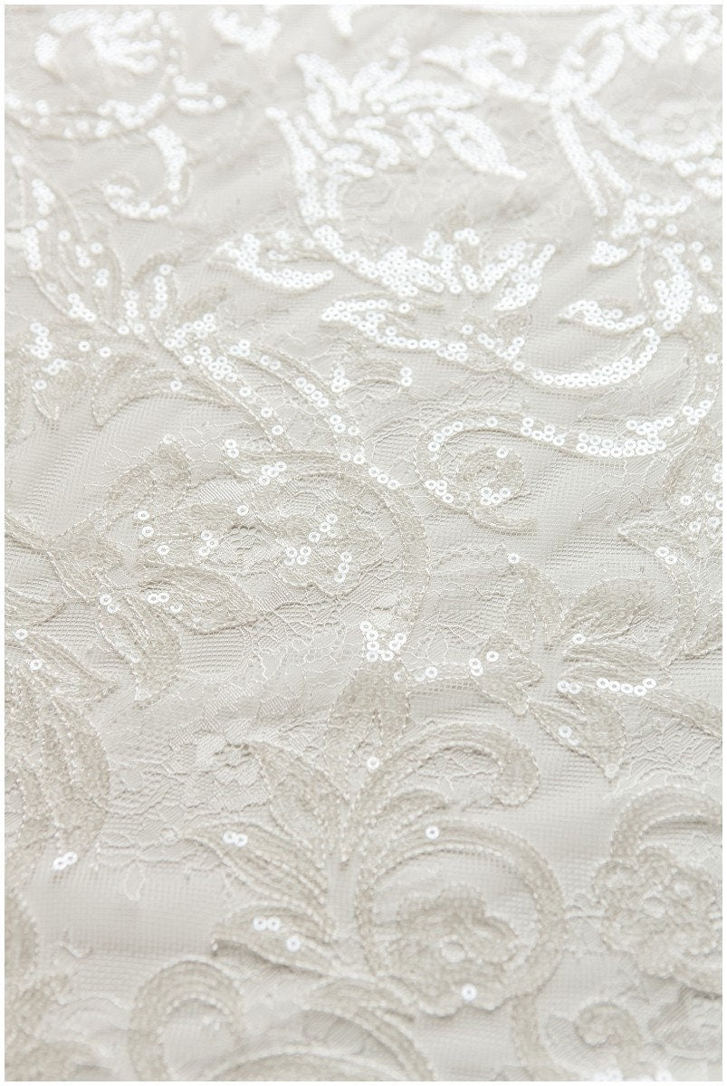 Glitter lace fabric with sequins/ Chantilly base bridal lace fabric/ Off-White lace/ French lace fabric// L17-115